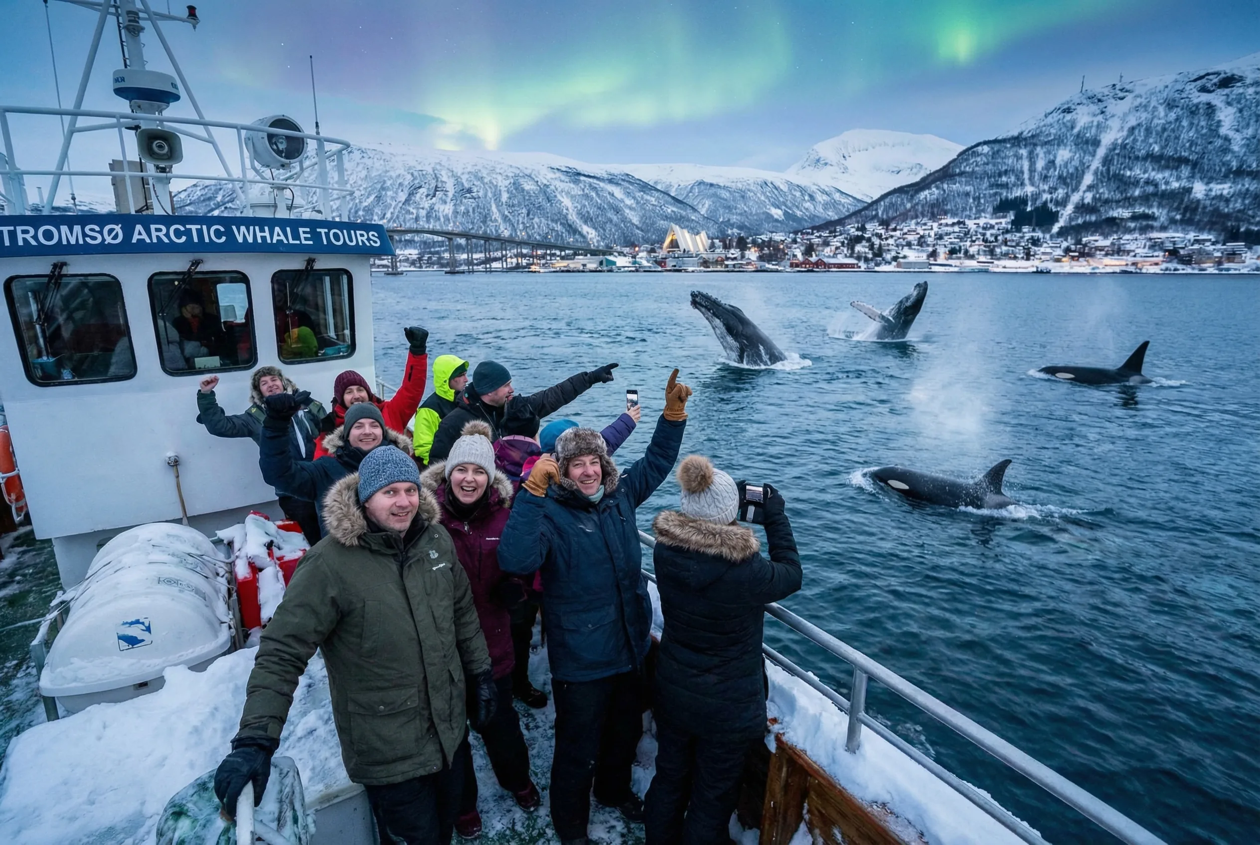 Happy whale watching guests in Tromsø winter pointing at whales