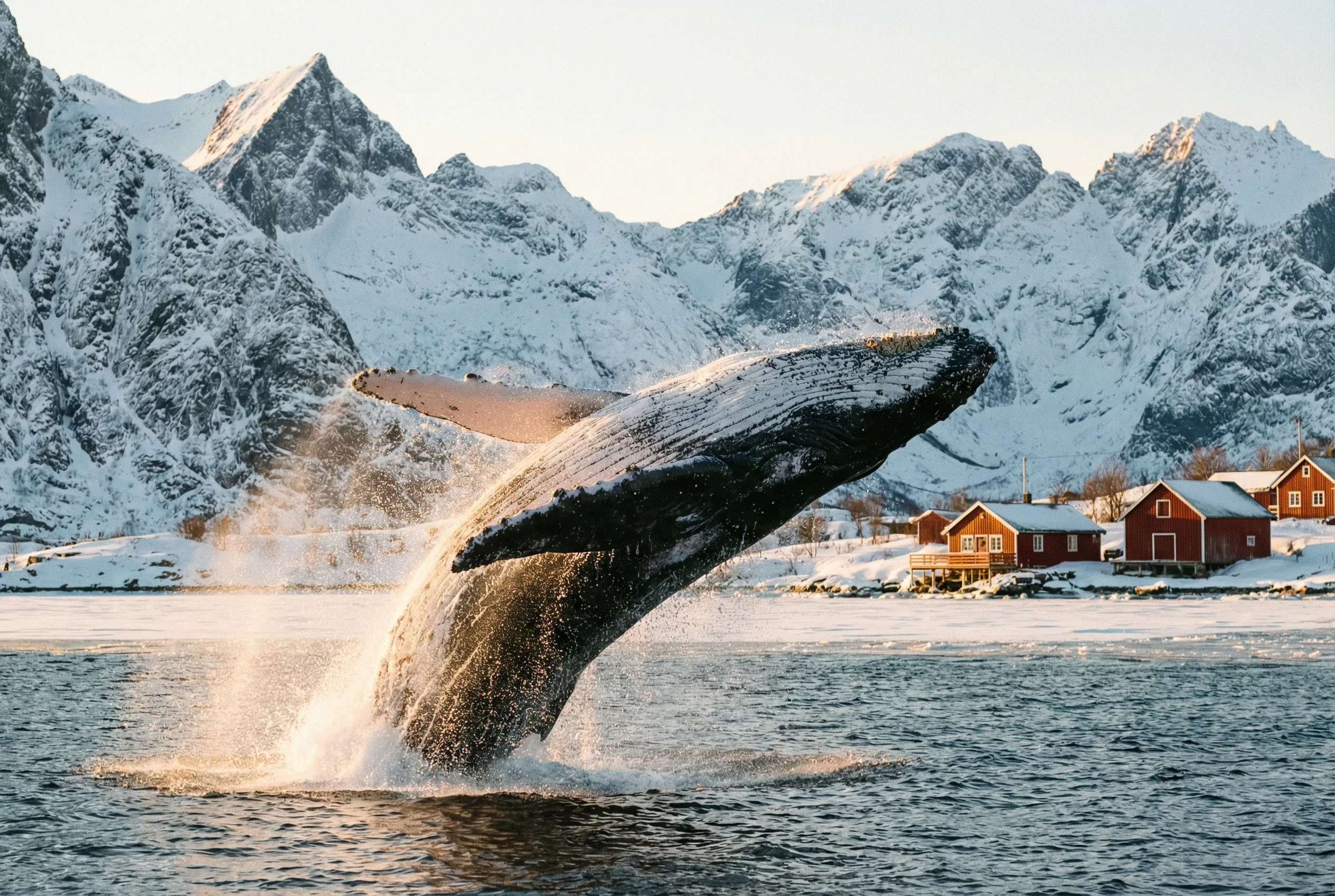 Humpback whale breaching in Tromsø fjord with snowy mountains in winter light