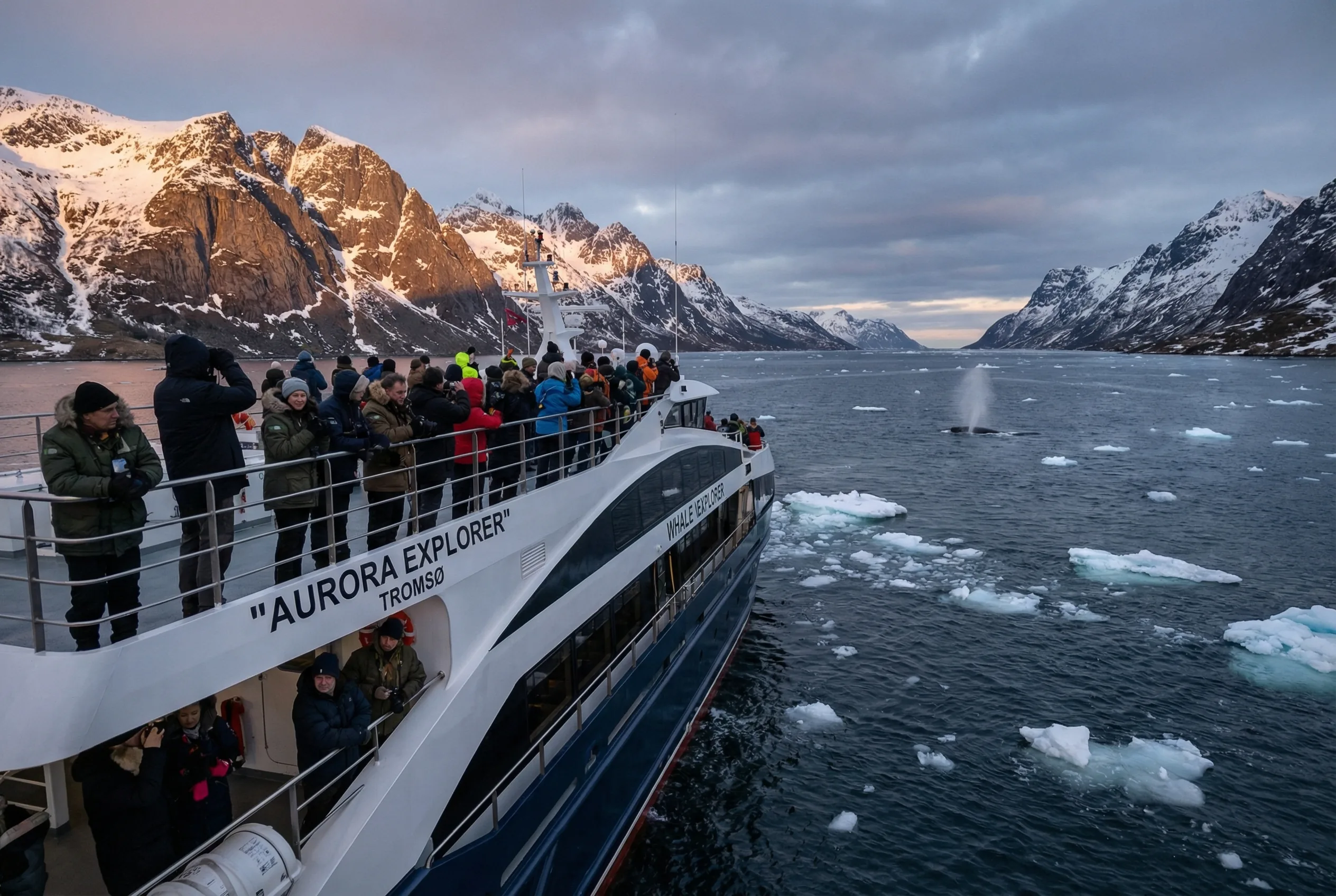Modern Tromsø whale watching tour vessel with passengers on deck in Arctic fjord