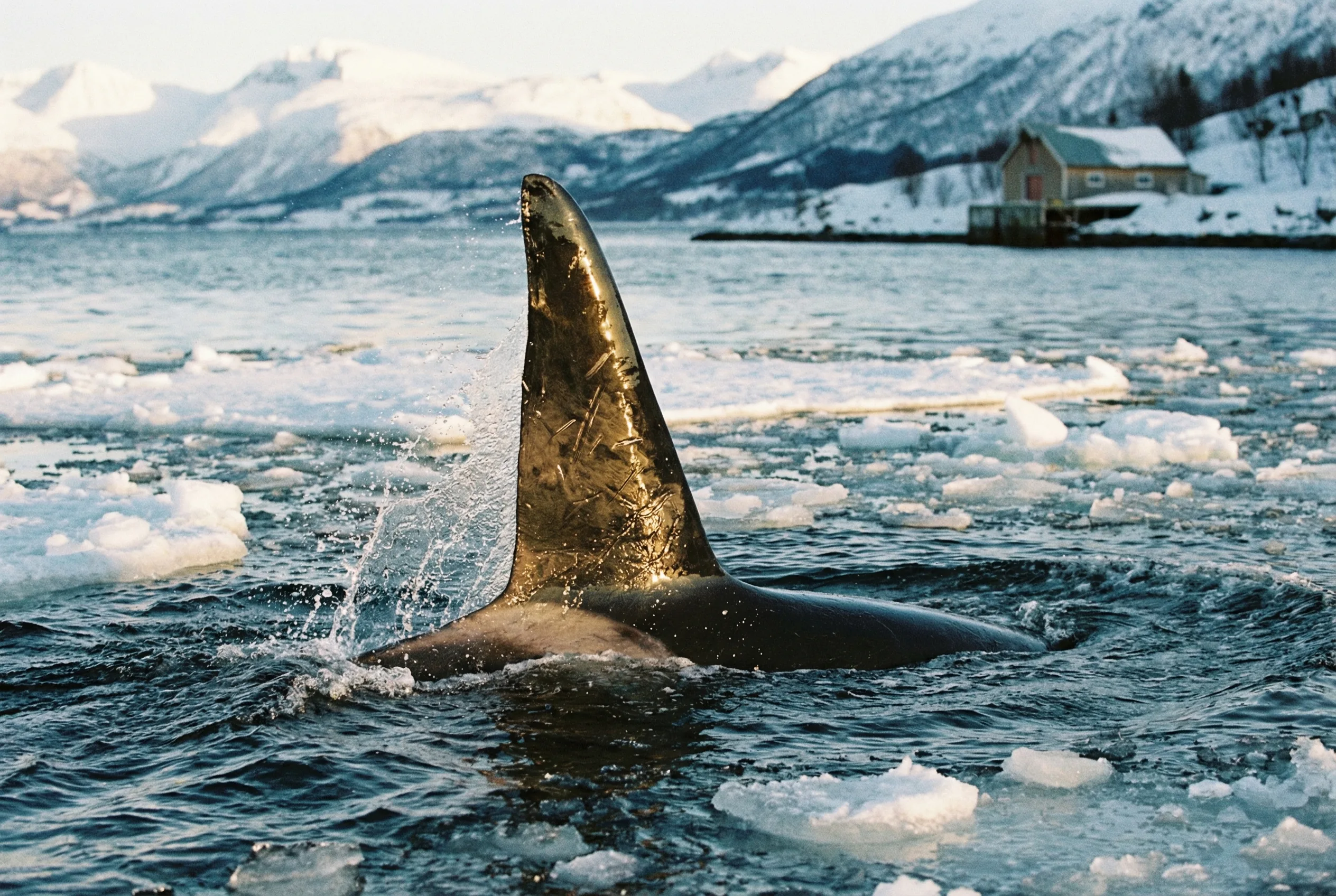 Close-up orca dorsal fin cutting through icy Tromsø fjord water
