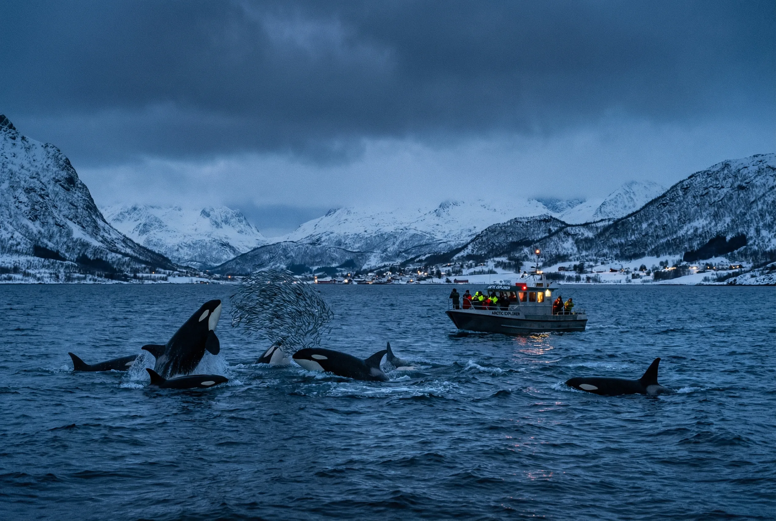 Orca pod hunting herring in Tromsø fjord during winter whale watching tour