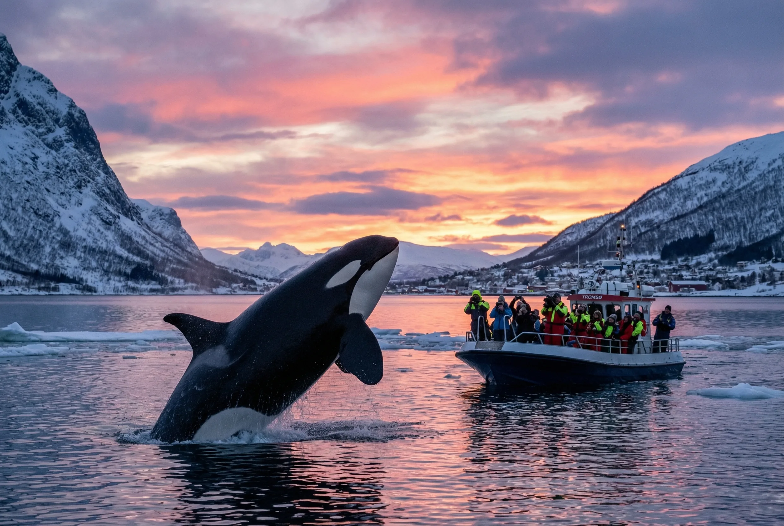 Orca surfacing in Tromsø fjord winter light near tour boat