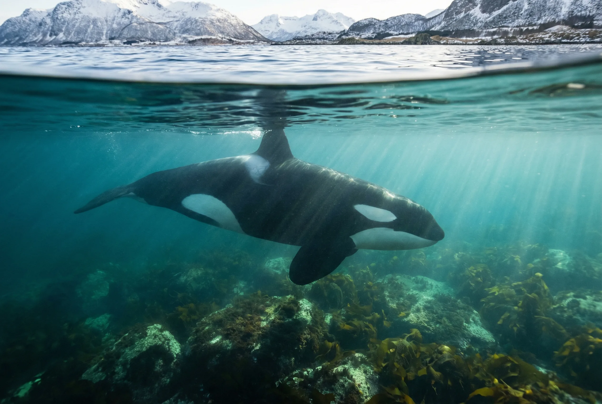 Underwater orca in crystal clear Arctic water near Tromsø with sun rays